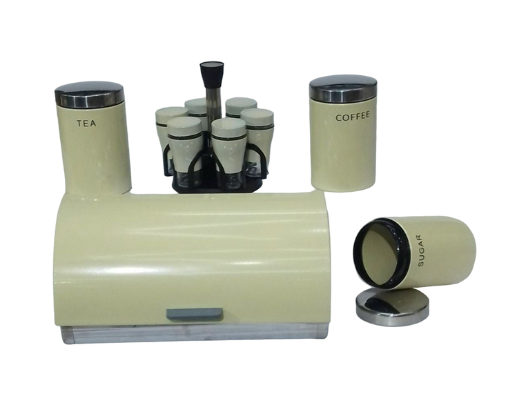 MIM Bread Bin, 3 Piece Cannister &amp; Matching 6 Piece Spice Bottles Set