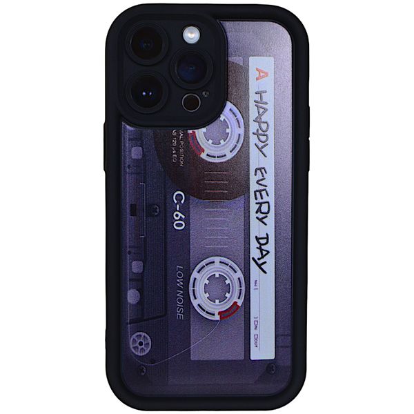 Black Phone Case with Cassette Tape Print for iPhone 14 Pro