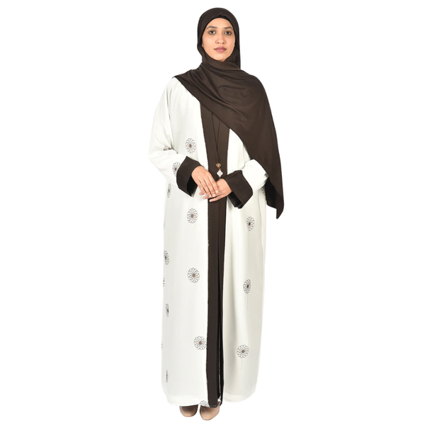 White Floral Ladies Embroidered Abaya with Rich Brown Accents