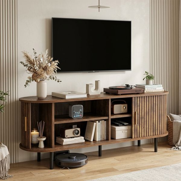 TV Stand Sliding Doors Fluted Media Console with Cable Holes
