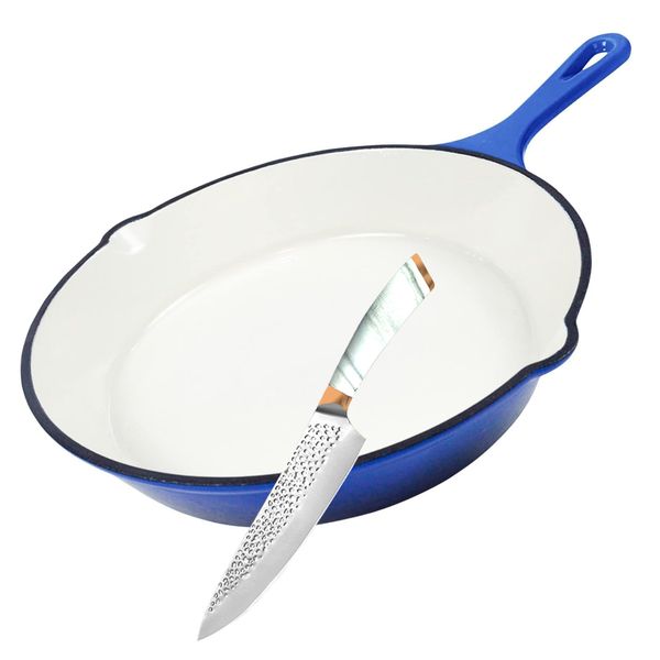 25cm - Enameled Cast Iron Fry Pan including Craving Knife - 2 Piece Set