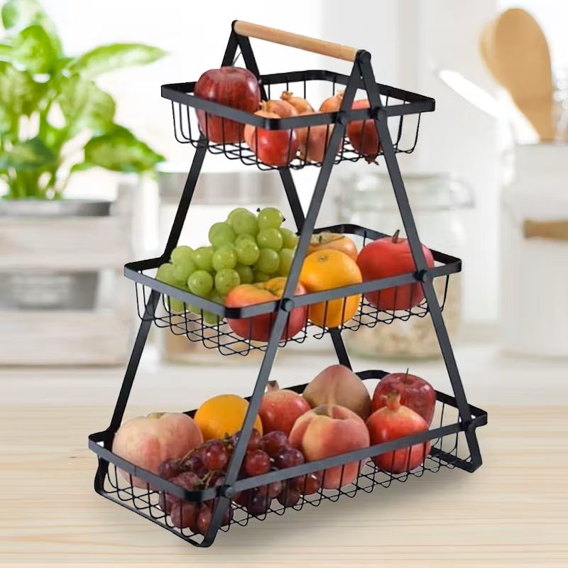 3-Levels Fruits & Vegetable Storage Basket Rack With Wooden Handle