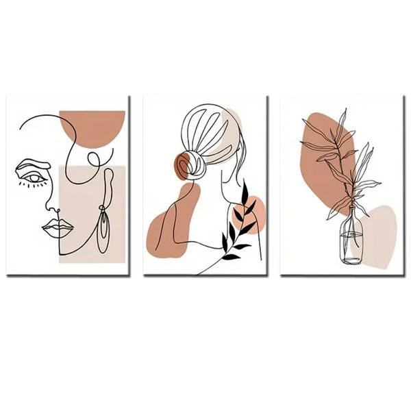 Canvas-Art-3 Pieces Brown Boho Lines Drawings Abstract Wall Art