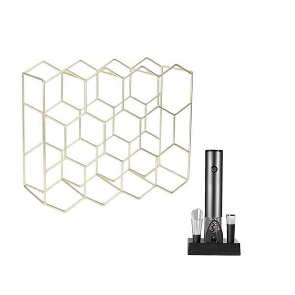 Gold 11 Bottles Hexagonal Wine Rack With Electric Wine Opener