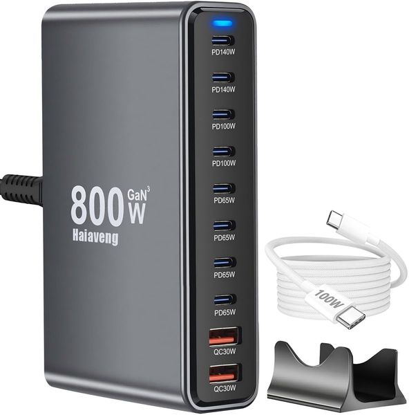 800W USB C Fast Charger Block, 10 Port USB Charging Station, GaN 140W PD