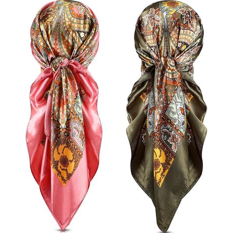 2 Piece 35 Inch Silky Head Scarf Large Square Neck Scarf Satin