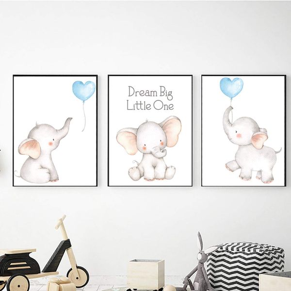 Elephant Blue Ballon Dream Big - A2 - Canvas (3.5cm ) -Set Of 3