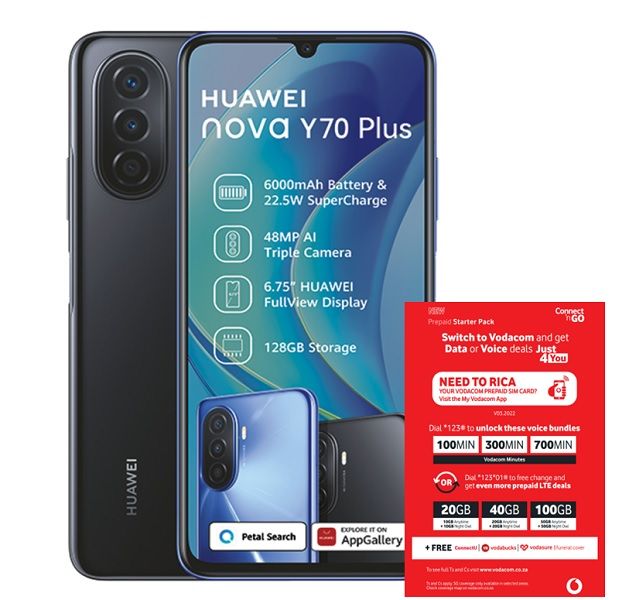 Huawei Nova Y70Plus 128GB Dual Sim - Midnight Black + Vodacom Sim Card Pack