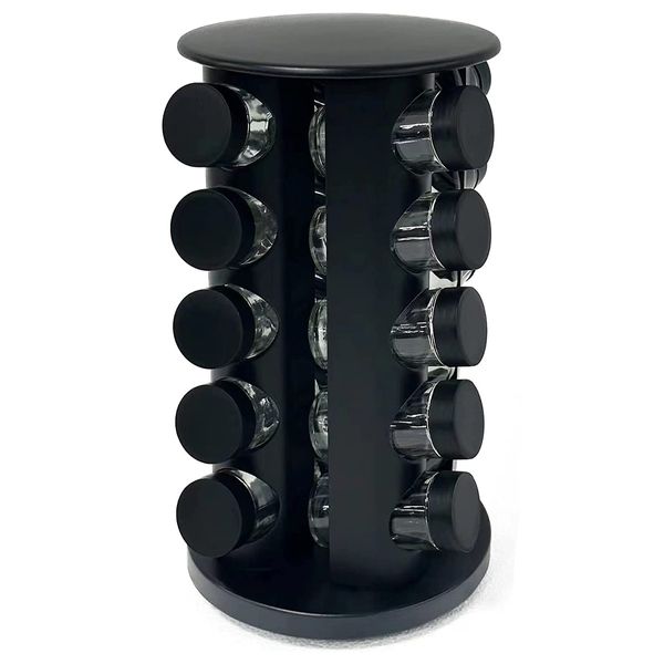 Home Links Stainless Steel Rotating Spice Rack with 20 Glass Jars - Black