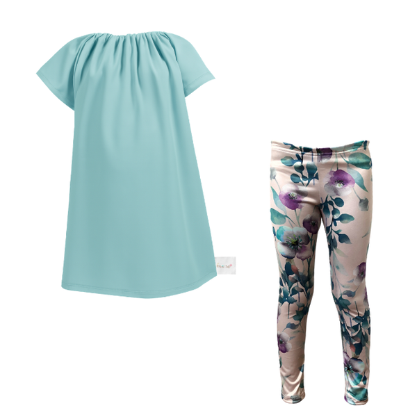 Kids- Girls Gathered Peasant Neck-Top&amp;Capri Legging - Duck Egg Purple