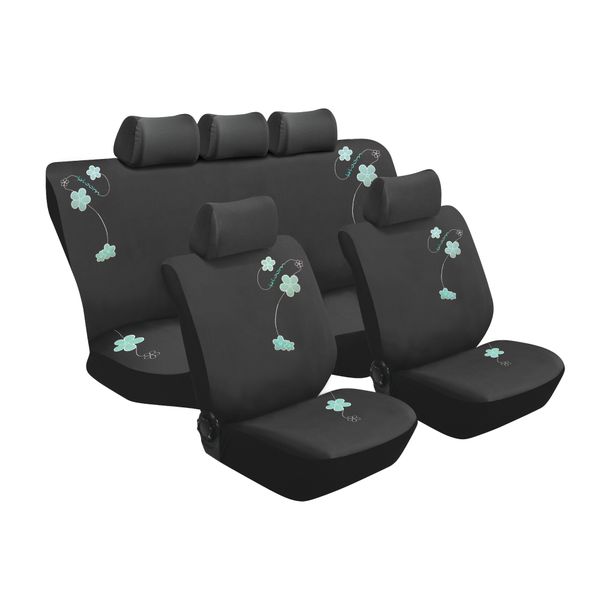 Stingray - Blossom 11Pc Car Seat Cover Set - Black With Floral Pattern