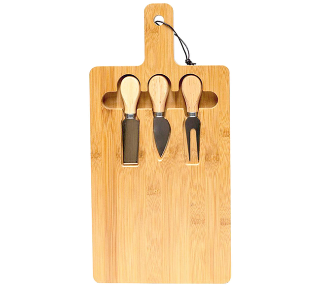 RA - Bamboo Cheese Board with Cutlery Set - 3 Cheese Knives Included