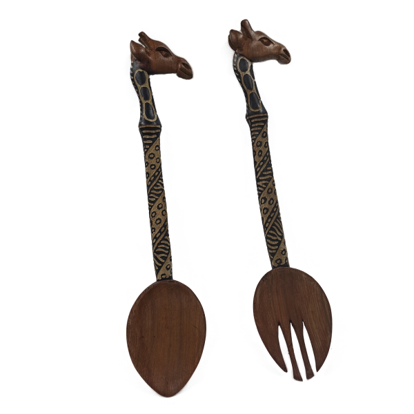 Red Wood Hanging Irregular Giraffe Figure Spoon and Fork Sculptures