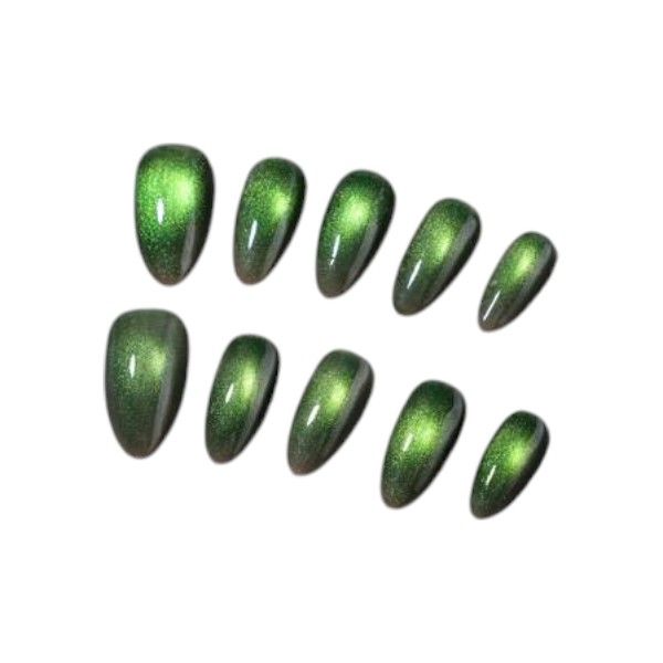 10 Piece - Almond Shaped Magnetic Cat Eye Press On Nails Set - Green