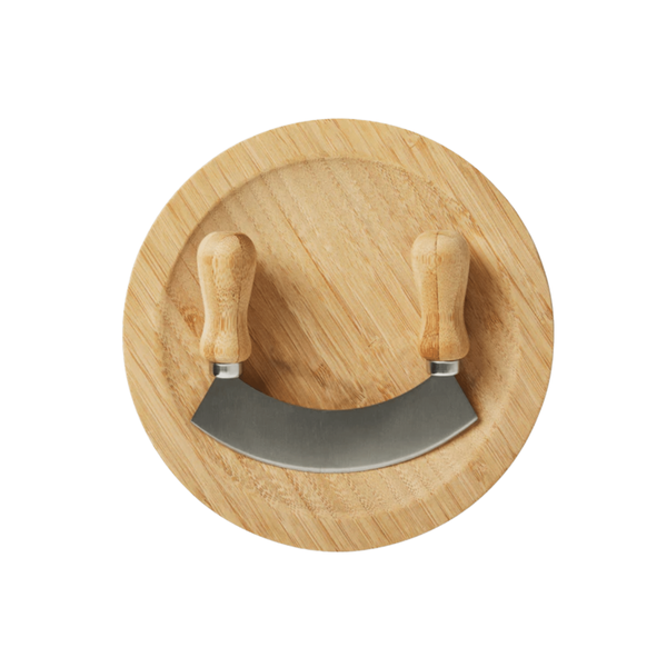 Wooden Round Cutting Board + Mezzaluna Knife
