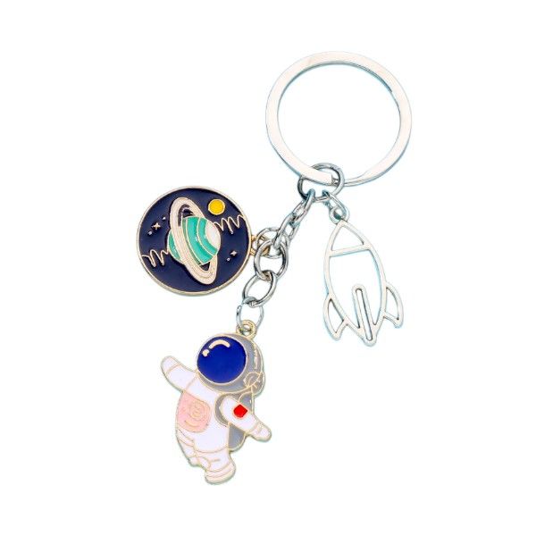 Interstellar Journey Keychain With Astronaut, Rocket & Saturn Charm -Silver