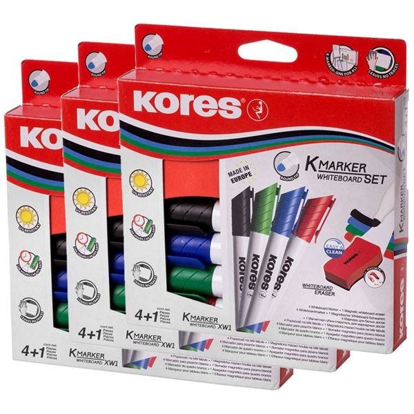 Kores Whiteboard K-Marker Set of 4 Mixed Colours and Eraser - 3x Bundle