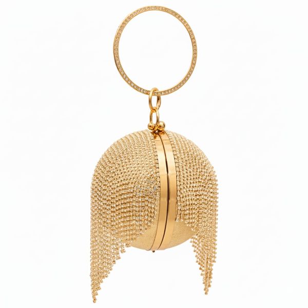 Women's Evening Clutch Bag with Rhinestones, Tassels, Crystals - Round Ball Bag