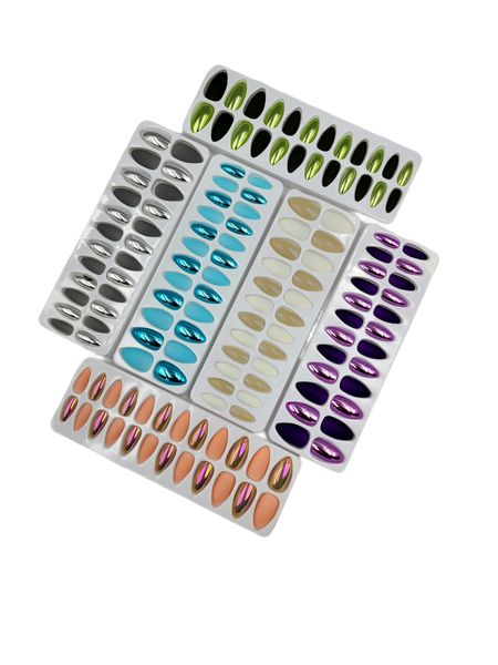 6x24 Artificial Nails Matte &amp; Metallic Multicolour Almond Shape Set 2