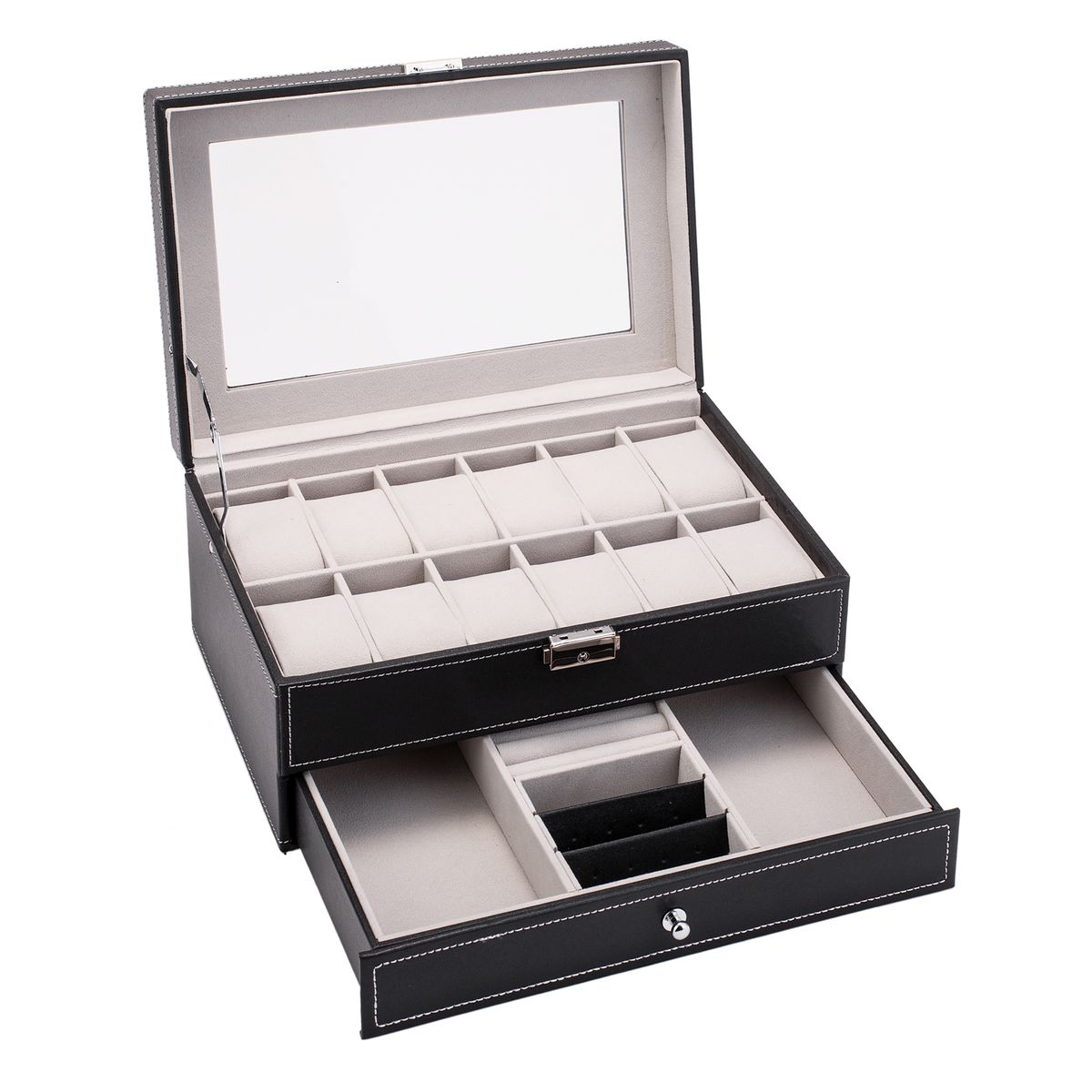 2 Tier PU Leather Watch & Jewelry Storage Box-Black