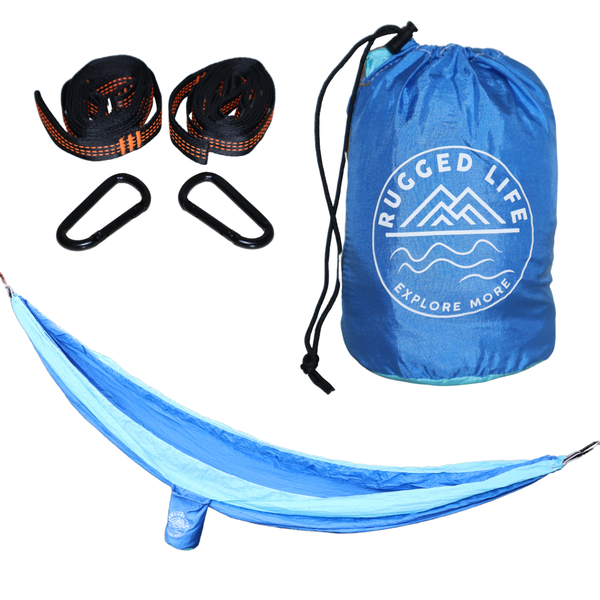 Rugged Life Hammock with Daisy Chains &amp; Carabiners - 200kg capacity - Blue