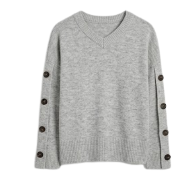 Ladies V-Neck Jumper Knit Sweater With Button-Detail Sleeves