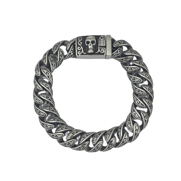 High-Grade Stainless Steel Bold Curb Skull Clasp Bracelet