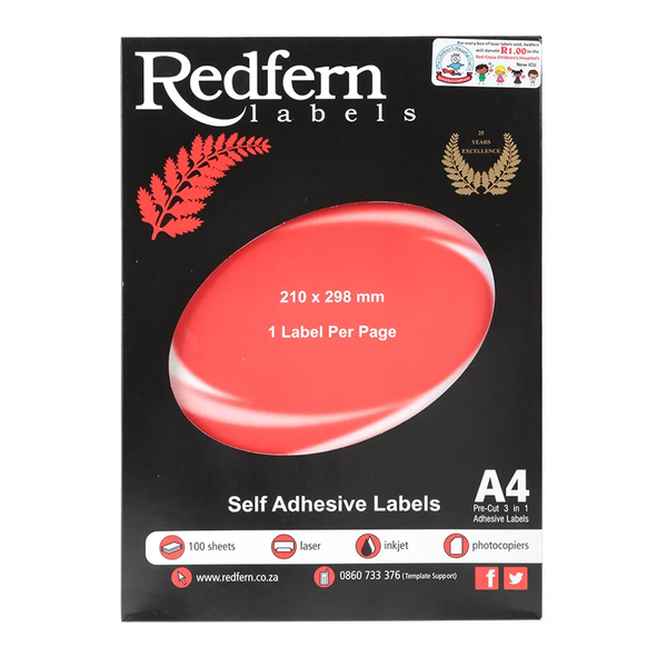 Redfern- Self Adhesive Labels- Laser Jet A4 Flat Sheets- 210mm x 297mm