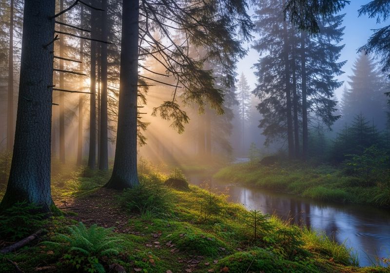 Canvas art - Enchanted Forest Sunbeams Canvas Peaceful Misty Wall Art Print
