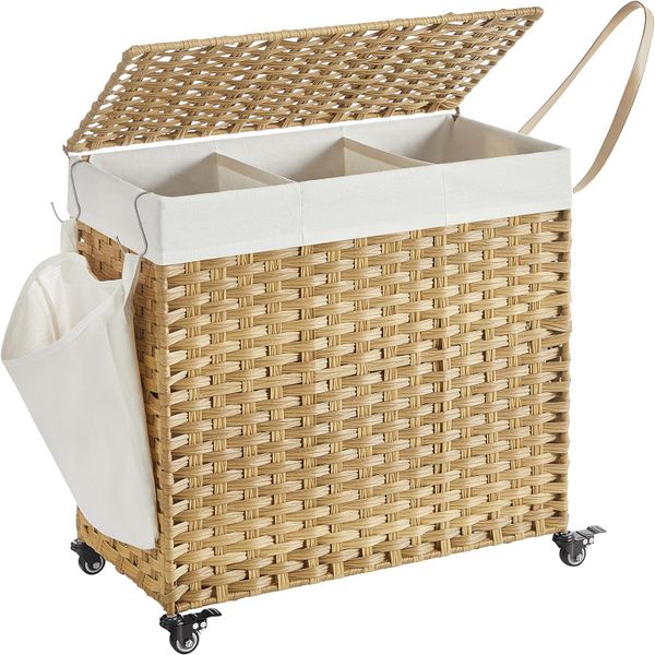 140L Laundry Hamper - 3 Compartments, Lid &amp; Rolling Wheels