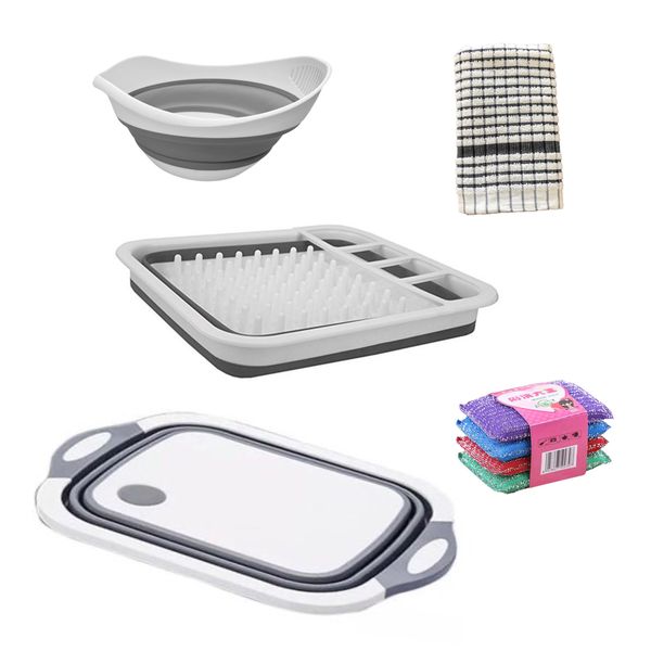 5in1 Camping Basin, Drying Rack,Draining Basket, Sponges &amp; Dishtowel Combo