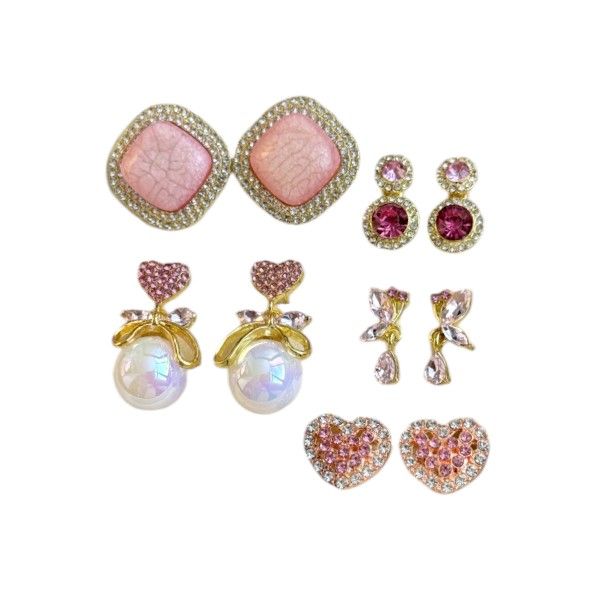 5 Pairs -Cute Stud Earrings With Bow, Pearl &amp; Zirconia Accents -Pink &amp; Gold