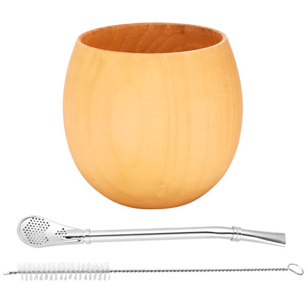 Handmade Wood Coffee Water Cup With Spoon Straw Brush 200Ml(Light)