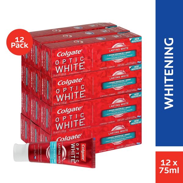 Colgate Optic White Lasting White, Whitening Toothpaste Bulk Pack, 12x75ml