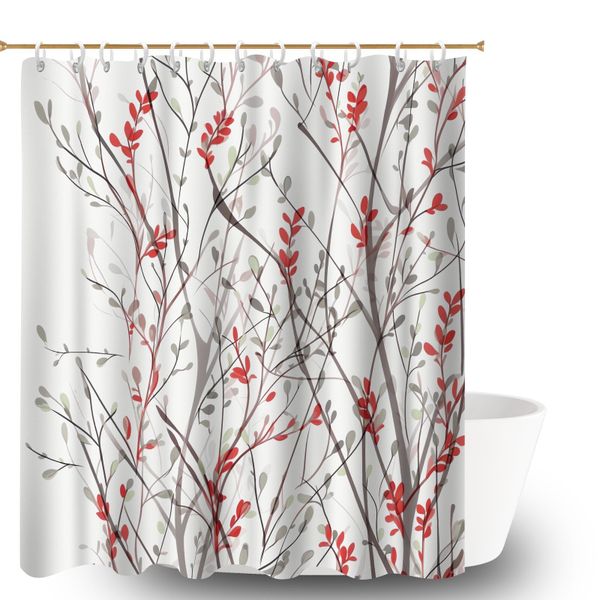 Shower Curtain Bathroom Decor Set with Hook, 180x180cm Floral Print Curtain