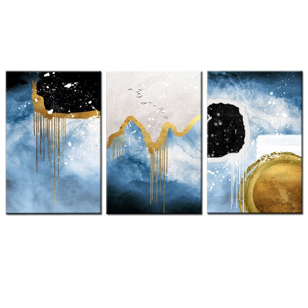 Canvas-Art- 3 Pieces Blue &amp; Gold Tessel Flying Birds Abstract Wall Art