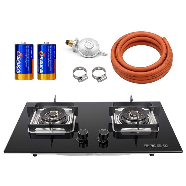 2 Burner Glass Gas Hob with Hose &amp; Regulator - Complete Kit - Black