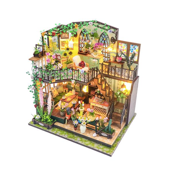 DIY Miniature Dollhouse Kit with LED Lights &amp; Furniture-Double-Story Villa