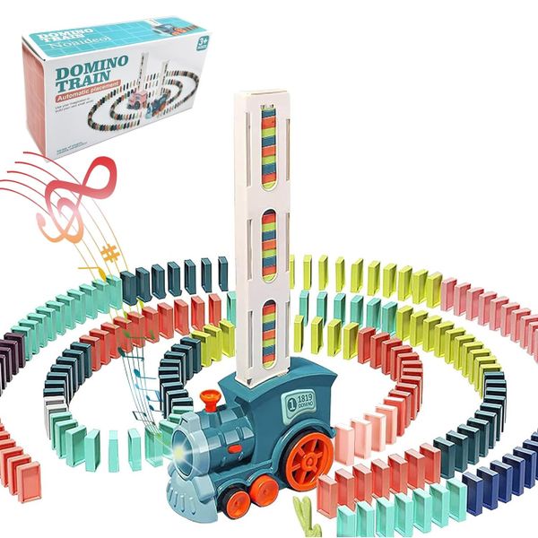 Cyan Domino Train Toy Set,60 Pcs Auto Dominoes Blocks and Stacking Toys