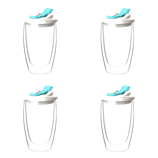 Glass Double-Layer Cup With Lid 450ml - Light Blue - 4 Pack