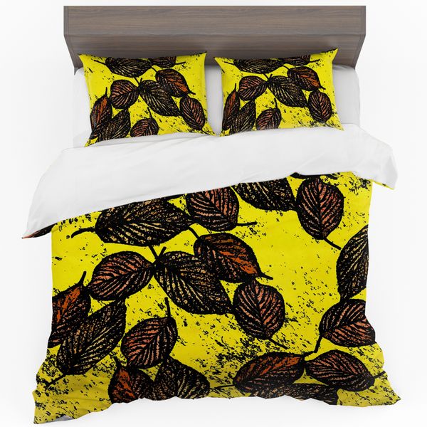 Brown Leaves on Yellow Duvet Cover Set