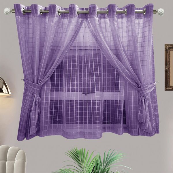 Matoc Designs Café Curtain -Double Layer - Grid Voile Purple - Eyelet
