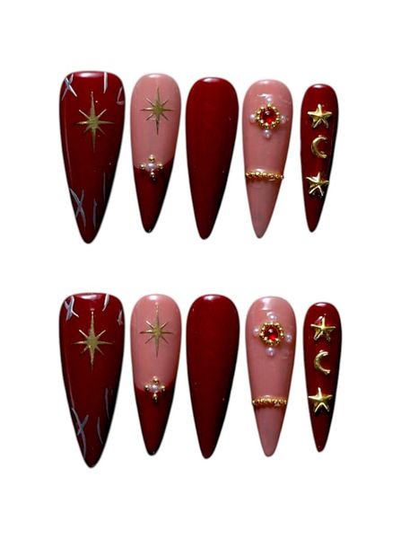 10 Pieces - Celestial Rhinestone Decorated Press-On Nails Set - Multicolor