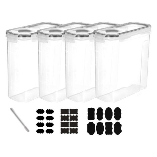 4-Pack Cereal Storage Containers with Flip Lids &amp; Labelling Kit-Transparent