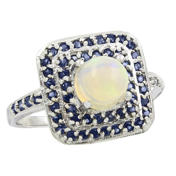 Natural Earth-Mined Fire Opal Cabochon and Steel Blue Sapphire Ring