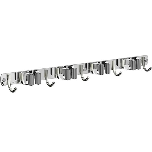 Mop and Broom Organizer Wall Mounted with 4 Slots and 5 Hooks, 43x2.9x4CM