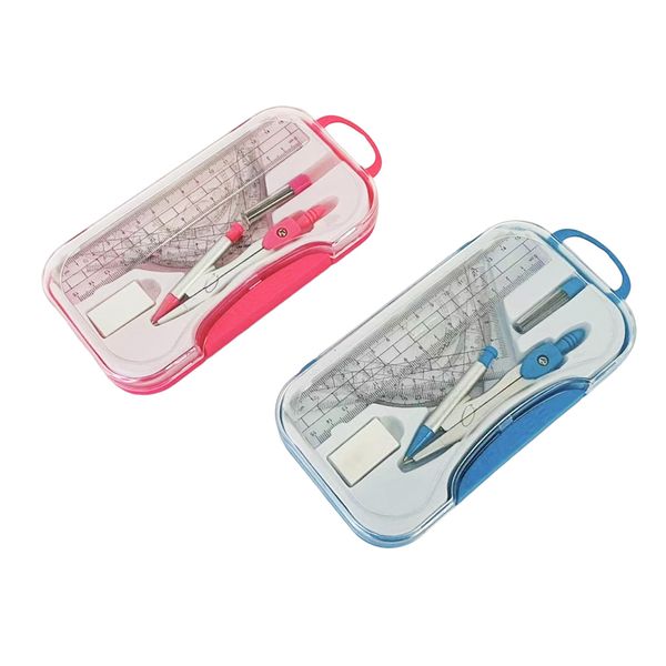 7 Pieces Complete Geometry Maths Set with Metal Compass - Set of 2
