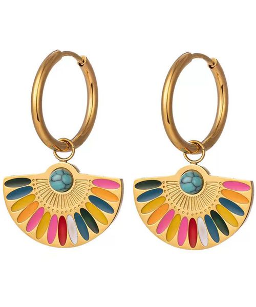 Metal Fan Shape Colorful Enamel Hoop Earrings for Ladies