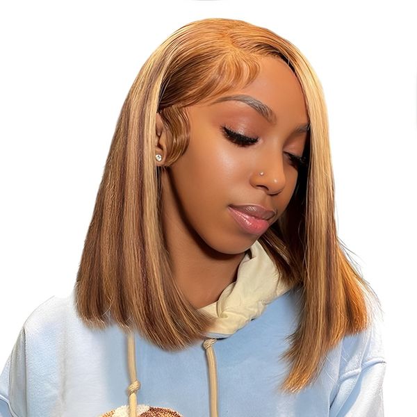 Golden Perfect 13x4 HD Lace Front Bob Glueless Wig Highlight Human Hair 14