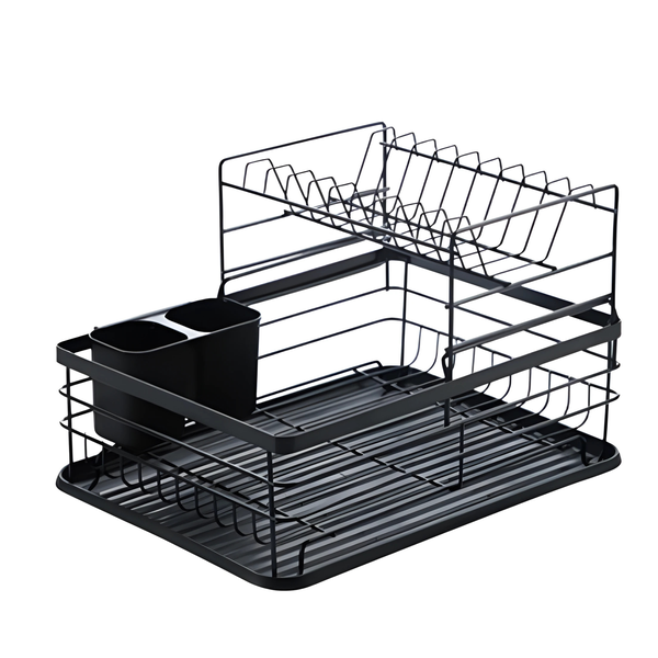Dish Drying Rack 2 tier with Utensil Holder &amp; Drip Tray Black